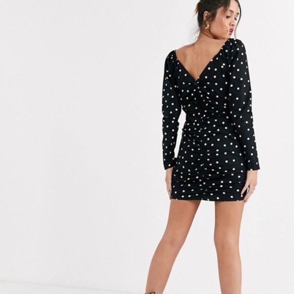 Asos black polka dot boho ruched dress long sleeve 4 s - Picture 2 of 8